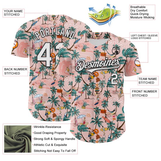 Maillot de surf authentique personnalisé 3D Tropical Tree Beach blanc-noir rose palmier Baseball Hawaii Medium Maillot de surf authentique personnalisé 3D Tropical Tree Beach blanc-noir rose palmier Baseball Hawaii Medium