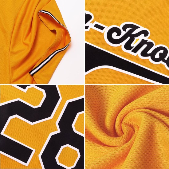 Maillot de baseball rétro authentique en tricot côtelé noir et blanc, personnalisé doré Maillot de baseball rétro authentique en tricot côtelé noir et blanc, personnalisé doré