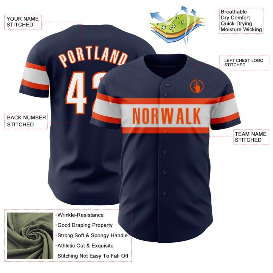 Maillot de baseball bleu marine authentique personnalisé blanc-orange Maillot de baseball bleu marine authentique personnalisé blanc-orange