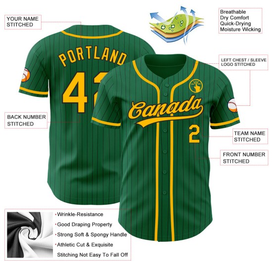 Maillot de baseball authentique à rayures noires, personnalisé, vert Kelly Gold Maillot de baseball authentique à rayures noires, personnalisé, vert Kelly Gold