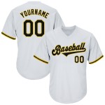 Maillot de baseball rétro en tricot côtelé, personnalisé, blanc, noir et or, authentique Maillot de baseball rétro en tricot côtelé, personnalisé, blanc, noir et or, authentique