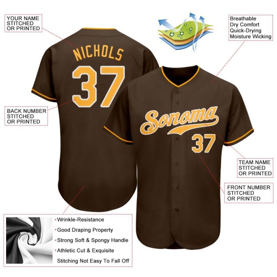 Maillot de baseball authentique marron doré et blanc personnalisé Maillot de baseball authentique marron doré et blanc personnalisé
