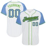 Maillot de baseball à manches bleues, blanc, bleu fluo, personnalisé, vert, authentique, rayures fines, raglan, léger. Maillot de baseball à manches bleues, blanc, bleu fluo, personnalisé, vert, authentique, rayures fines, raglan, léger.