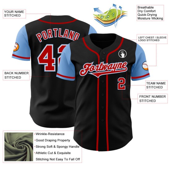 Maillot de baseball bicolore rouge-bleu clair personnalisé noir authentique Maillot de baseball bicolore rouge-bleu clair personnalisé noir authentique