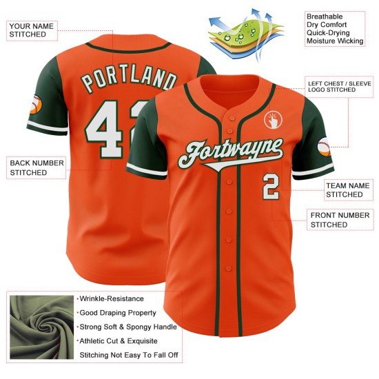 Maillot de baseball authentique orange, blanc et vert, ton personnalisé Maillot de baseball authentique orange, blanc et vert, ton personnalisé