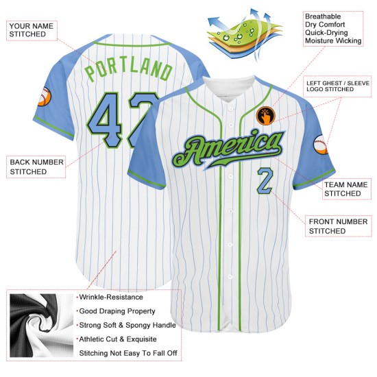 Maillot de baseball à manches bleues, blanc, bleu fluo, personnalisé, vert, authentique, rayures fines, raglan, léger. Maillot de baseball à manches bleues, blanc, bleu fluo, personnalisé, vert, authentique, rayures fines, raglan, léger.