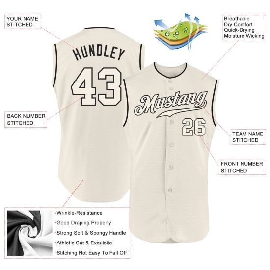 Maillot de baseball authentique sans manches crème-noir personnalisé Maillot de baseball authentique sans manches crème-noir personnalisé