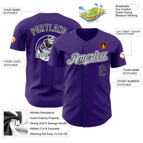 Maillot de baseball authentique violet personnalisé argent-blanc noir Maillot de baseball authentique violet personnalisé argent-blanc noir