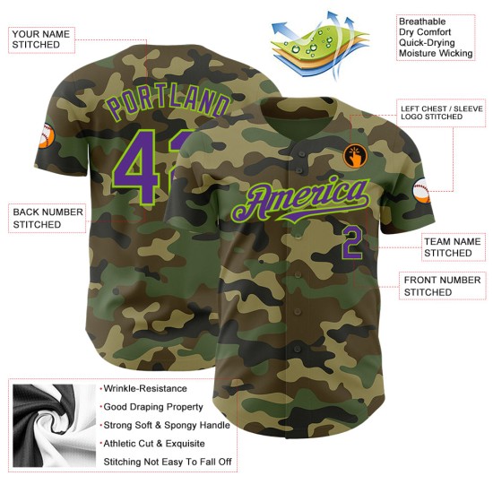 Maillot de baseball camouflage authentique Salute Custom To Purple-Neon Green Maillot de baseball camouflage authentique Salute Custom To Purple-Neon Green