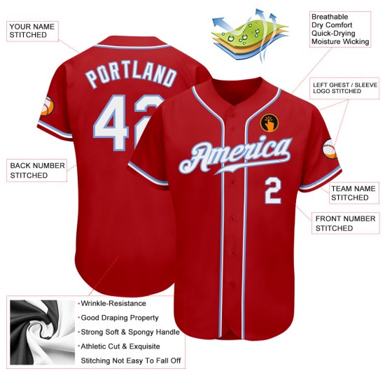 Maillot de baseball personnalisé bleu authentique blanc-rouge clair Maillot de baseball personnalisé bleu authentique blanc-rouge clair