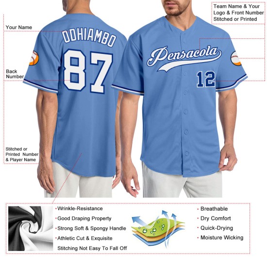 Maillot de baseball authentique léger et personnalisé, blanc et bleu roi Maillot de baseball authentique léger et personnalisé, blanc et bleu roi