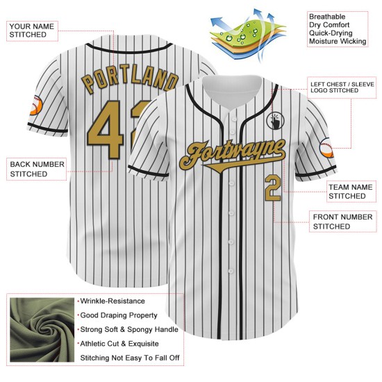 Maillot de baseball noir authentique, doré, personnalisé, blanc, rayures anciennes Maillot de baseball noir authentique, doré, personnalisé, blanc, rayures anciennes