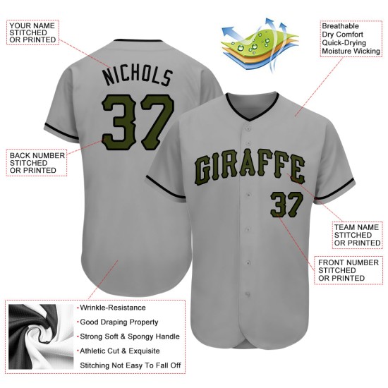 Maillot de baseball personnalisé authentique du Memorial Day, olive-noir-gris Maillot de baseball personnalisé authentique du Memorial Day, olive-noir-gris