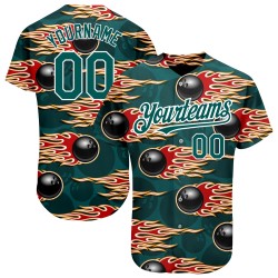 Maillot Hotrod avec motif vert baseball minuit motif personnalisé boule bowling authentique 3D flamme blanche