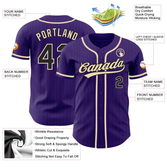 Maillot de baseball authentique City Pinstripe crème violet personnalisé noir Maillot de baseball authentique City Pinstripe crème violet personnalisé noir