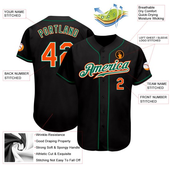 Maillot de baseball personnalisé Orange-Kelly noir authentique vert Maillot de baseball personnalisé Orange-Kelly noir authentique vert