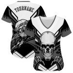 Maillot de baseball personnalisé Skull blanc authentique gris-noir 3D Maillot de baseball personnalisé Skull blanc authentique gris-noir 3D