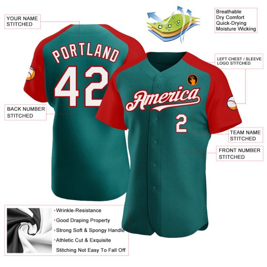Maillot de baseball personnalisé bleu sarcelle authentique, manches raglan blanches et rouges Maillot de baseball personnalisé bleu sarcelle authentique, manches raglan blanches et rouges