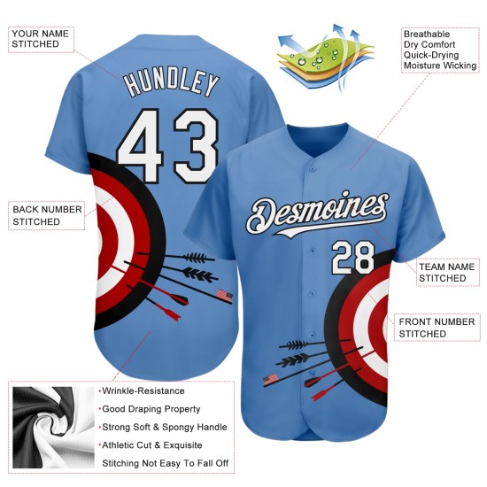 Maillot de baseball bleu à motif 3D blanc-noir, cible personnalisée avec fléchettes, design léger et authentique Maillot de baseball bleu à motif 3D blanc-noir, cible personnalisée avec fléchettes, design léger et authentique