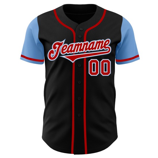 Maillot de baseball bicolore rouge-bleu clair personnalisé noir authentique Maillot de baseball bicolore rouge-bleu clair personnalisé noir authentique