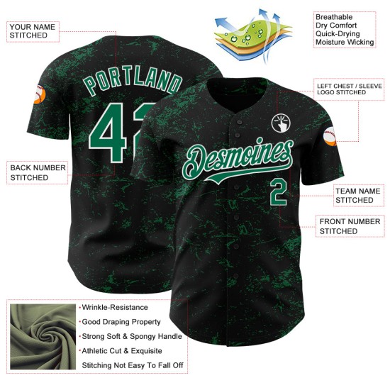 Maillot de baseball Kelly noir, motif authentique, texture abstraite 3D, éclaboussures, vert et blanc, design personnalisé Maillot de baseball Kelly noir, motif authentique, texture abstraite 3D, éclaboussures, vert et blanc, design personnalisé