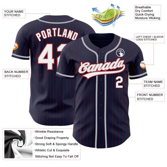 Maillot de baseball authentique à rayures rouges et blanches, bleu marine personnalisé Maillot de baseball authentique à rayures rouges et blanches, bleu marine personnalisé