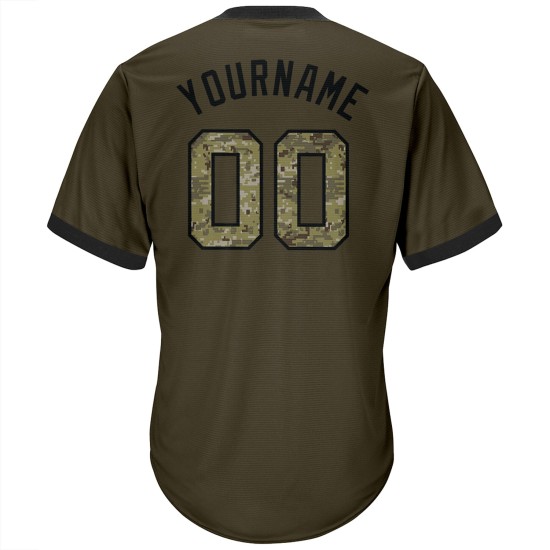 Chemise personnalisée authentique en jersey olive, motif camouflage de baseball, tricot côtelé noir, hommage au service, retour en arrière Chemise personnalisée authentique en jersey olive, motif camouflage de baseball, tricot côtelé noir, hommage au service, retour en arrière