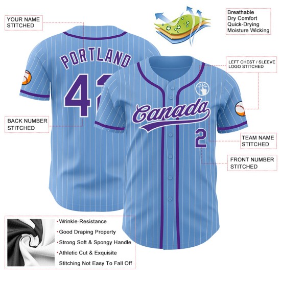 Maillot de baseball bleu violet clair personnalisé authentique à fines rayures blanches Maillot de baseball bleu violet clair personnalisé authentique à fines rayures blanches