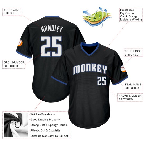 Maillot de baseball personnalisé authentique en jersey noir, blanc et bleu, en tricot côtelé, style rétro Maillot de baseball personnalisé authentique en jersey noir, blanc et bleu, en tricot côtelé, style rétro