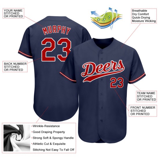 Maillot de baseball authentique personnalisé bleu marine rouge-blanc Maillot de baseball authentique personnalisé bleu marine rouge-blanc