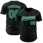 Maillot de baseball Kelly noir, motif authentique, texture abstraite 3D, éclaboussures, vert et blanc, design personnalisé Maillot de baseball Kelly noir, motif authentique, texture abstraite 3D, éclaboussures, vert et blanc, design personnalisé