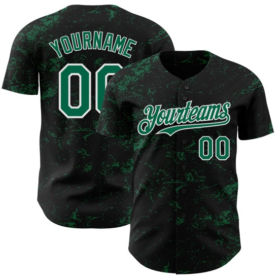 Maillot de baseball Kelly noir, motif authentique, texture abstraite 3D, éclaboussures, vert et blanc, design personnalisé Maillot de baseball Kelly noir, motif authentique, texture abstraite 3D, éclaboussures, vert et blanc, design personnalisé