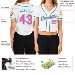 Maillot de baseball personnalisé pour femme, blanc, col en V, court, rose-aqua Maillot de baseball personnalisé pour femme, blanc, col en V, court, rose-aqua