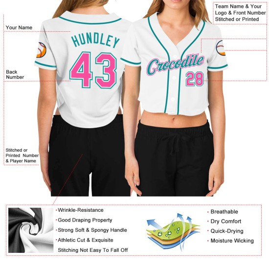 Maillot de baseball personnalisé pour femme, blanc, col en V, court, rose-aqua Maillot de baseball personnalisé pour femme, blanc, col en V, court, rose-aqua